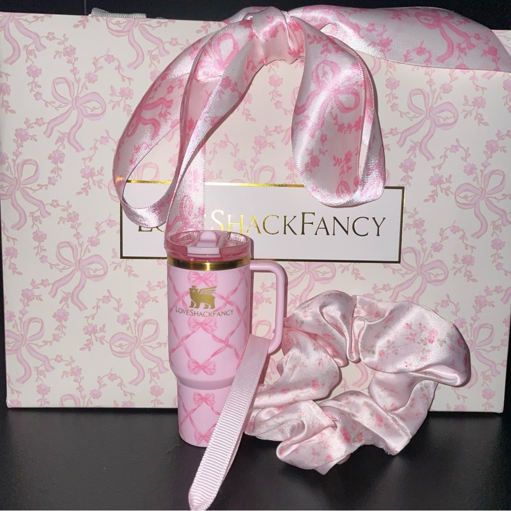 LoveShackFancy english ivy scrunchie and LSF X Stanley coquette bow ornament set